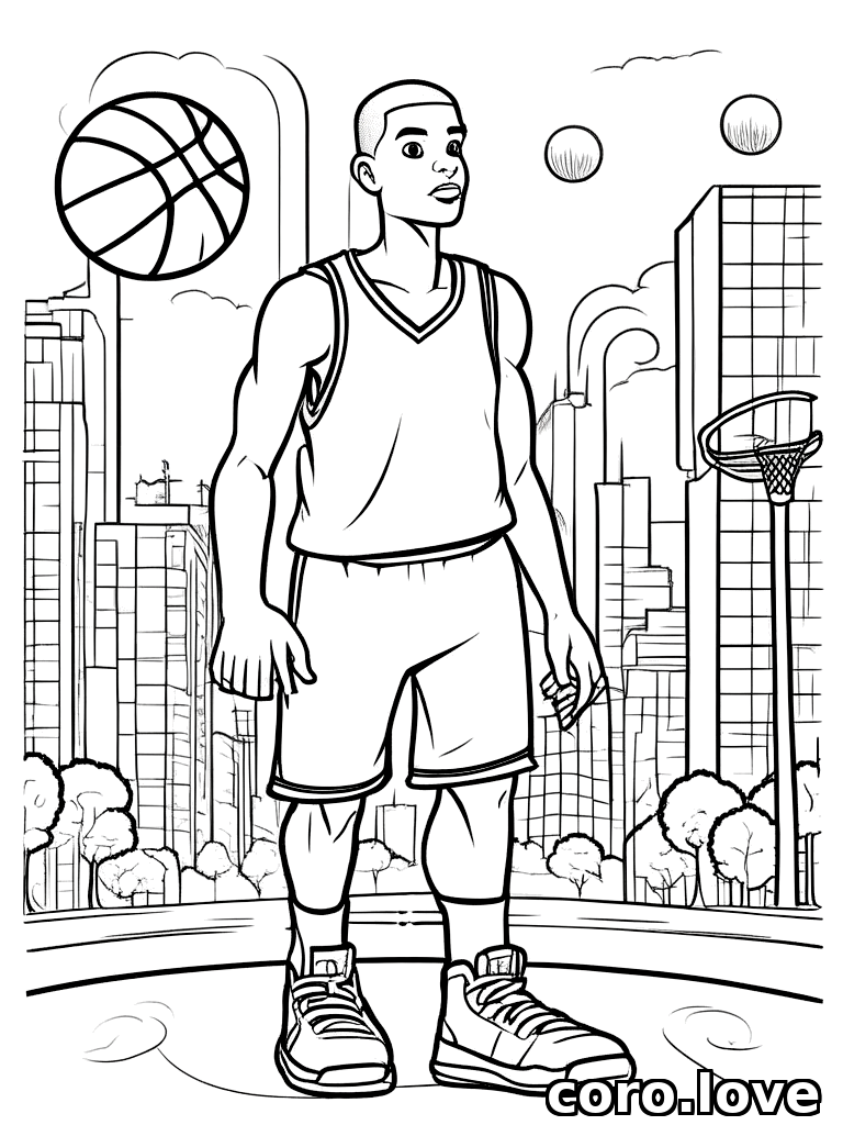 playing basketball, with sparkly eyes, ColoringBookAF, coloring book, isolated on white, simple minimal design, no decorations, no borders