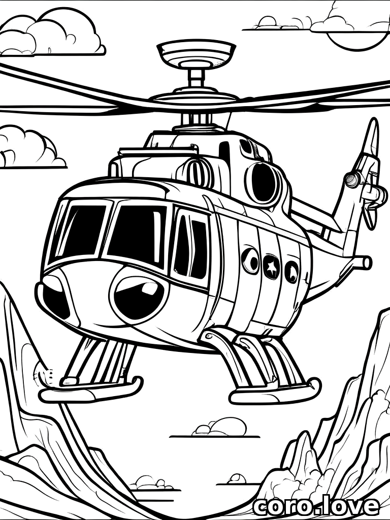 rescue helicopter, smiling, ColoringBookAF, coloring book, isolated on white, simple minimal design, no decorations, no borders