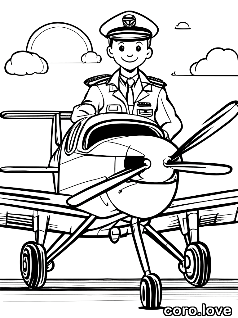 pilot with plane, ColoringBookAF, coloring book, isolated on white, simple minimal design, no decorations, no borders