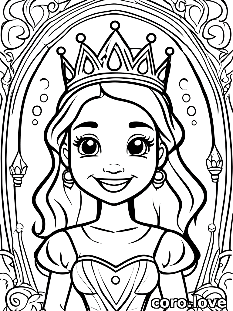 princess with crown, laughing, ColoringBookAF, coloring book, isolated on white, simple minimal design, no decorations, no borders