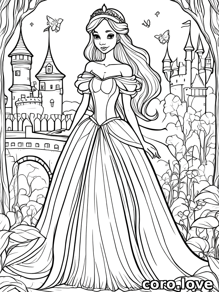fairy tale princess, ColoringBookAF, coloring book, isolated on white, simple minimal design, no decorations, no borders